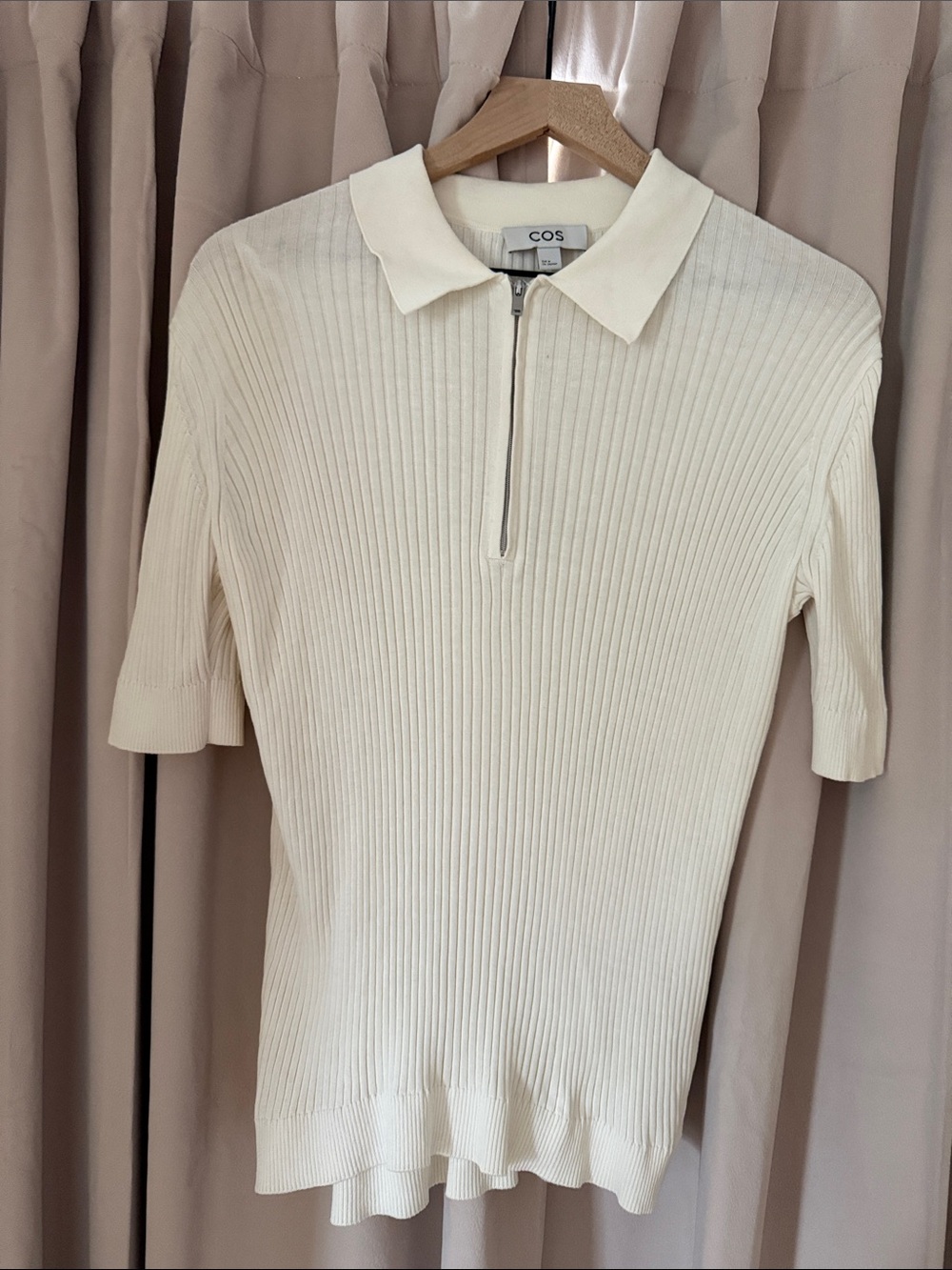 COS Cream Silk and Cotton Ribbed Neck Zip Collared Sweater Top Size Medium NWT